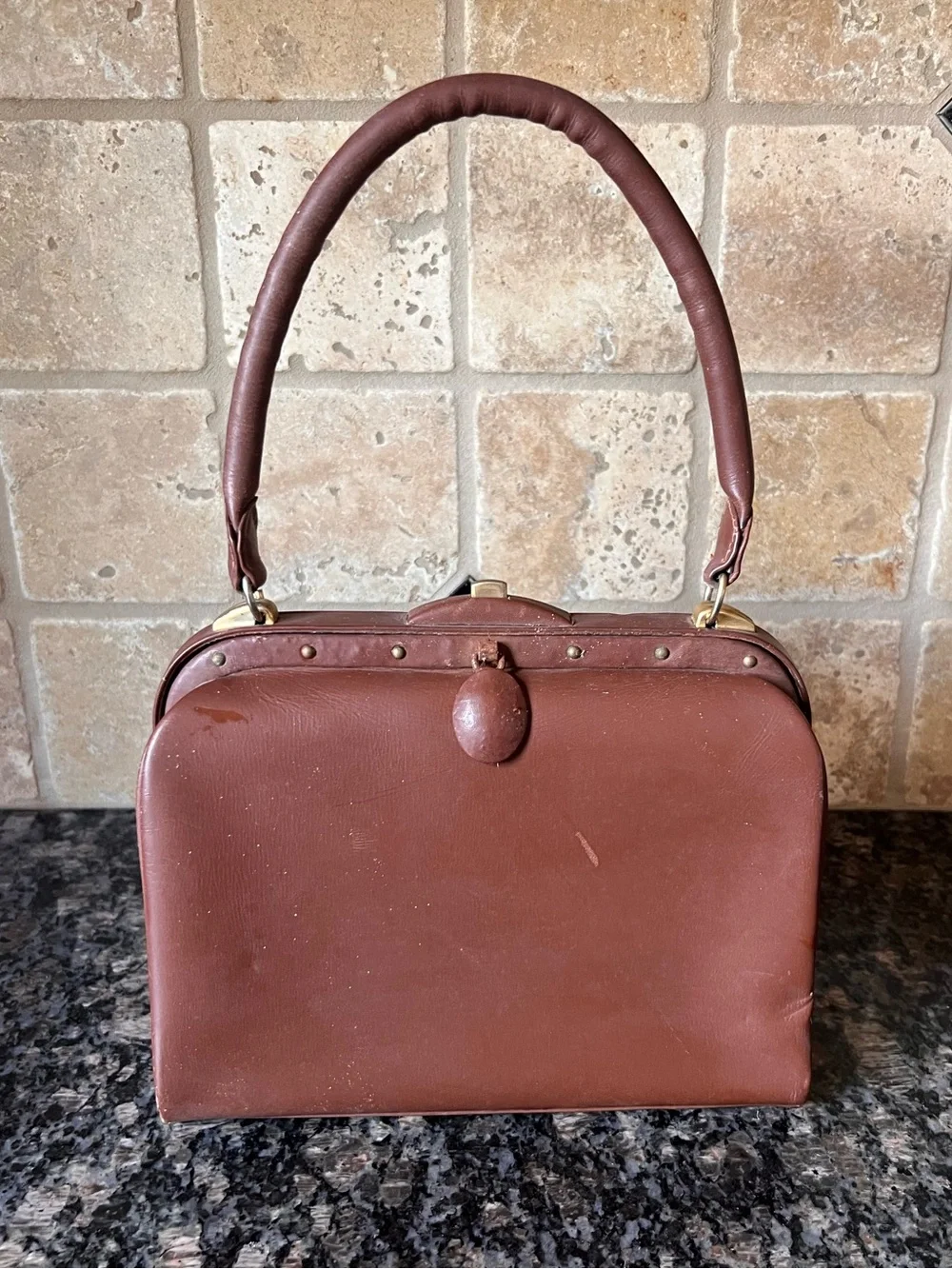 Vintage French Brown Leather| Made in France Top Handle Handbag | 1950s 1960s
